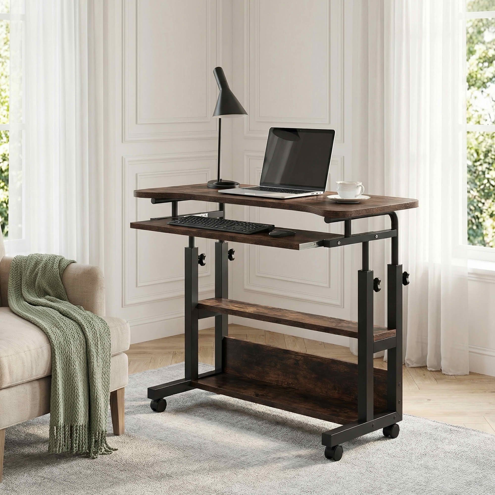 MAYEETY Height Adjustable Mobile Desk Wireless Charging Laptop Desk with Keyboard Tray