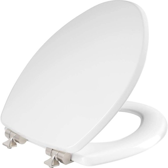 Mayfair Benton Elongated Toilet Seat - Slow Close, Brushed Nickel Hinges, White