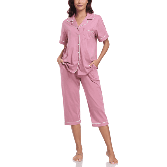 MAYFISH 100% Cotton Capri Pajama for Women Set Summer Short Sleeve Pj Sets for Women Cotton Sleepwear(Dust Rose,S)