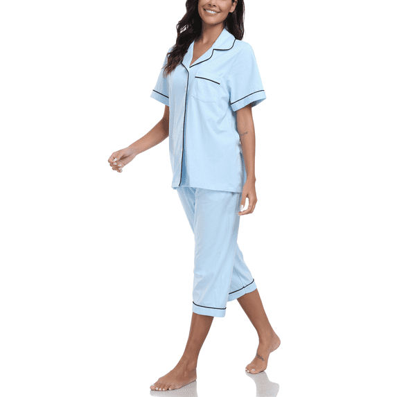 MAYFISH 100% Cotton Capri Pajama for Women Set Summer Short Sleeve Pj Sets for Women Cotton Sleepwear(Light Blue,2XL)