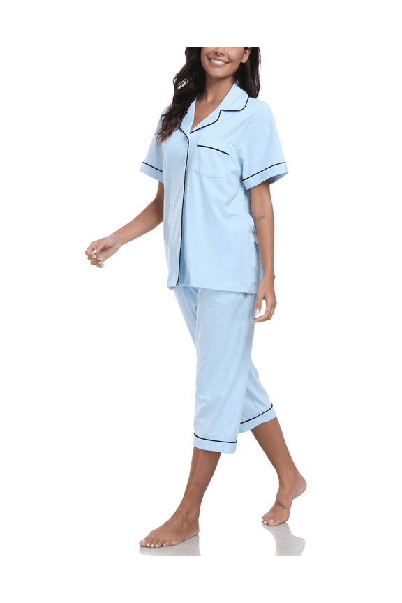 100% Cotton Capri Pajama for Women Set Summer Short Sleeve Pj Sets for Women Cotton Sleepwear(Light Blue,S)
