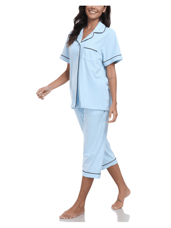 100% Cotton Capri Pajama for Women Set Summer Short Sleeve Pj Sets for Women Cotton Sleepwear(Light Blue,S)