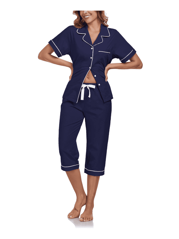 100% Cotton Capri Pajama for Women Set Summer Short Sleeve Pj Sets for Women Cotton Sleepwear(Navy Blue,L)