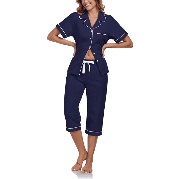 MAYFISH 100% Cotton Capri Pajama for Women Set Summer Short Sleeve Pj Sets for Women Cotton Sleepwear(Navy Blue,M)