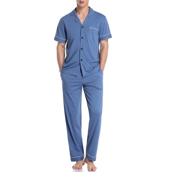 MAYFISH 100% Cotton Men's Sleepwear Short Sleeve Top and Long Pants Pajama Set Summer Breathable Pjs with Pockets (Blue,M)