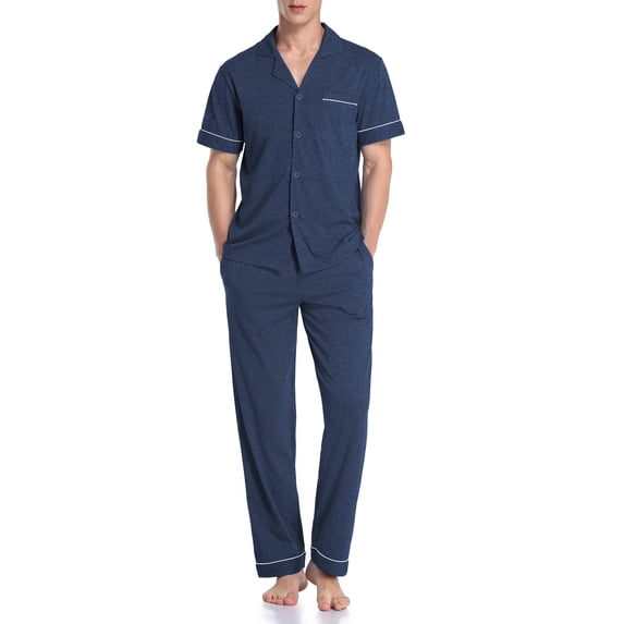 MAYFISH 100% Cotton Men's Sleepwear Short Sleeve Top and Long Pants Pajama Set Summer Breathable Pjs with Pockets (Heather Navy,L)