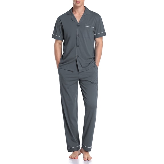 MAYFISH 100% Cotton Men's Sleepwear Short Sleeve Top and Long Pants Pajama Set Summer Breathable Pjs with Pockets (Iron Grey,XL)