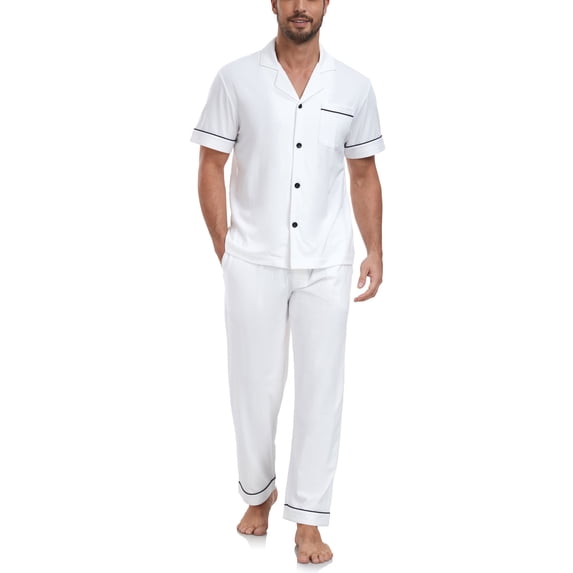 MAYFISH 100% Cotton Men's Sleepwear Short Sleeve Top and Long Pants Pajama Set Summer Breathable Pjs with Pockets (White,M)