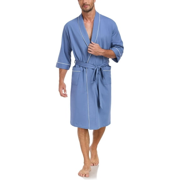 MAYFISH 100% Cotton Mens Lightweight Robe Summer Short Sleeve Bathrobe Soft Knee Length Robe with Pockets (Blue, M)