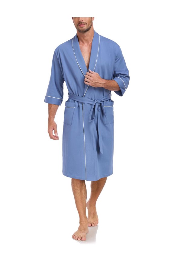 100% Cotton Mens Lightweight Robe Summer Short Sleeve Bathrobe Soft Knee Length Robe with Pockets (Blue, M)