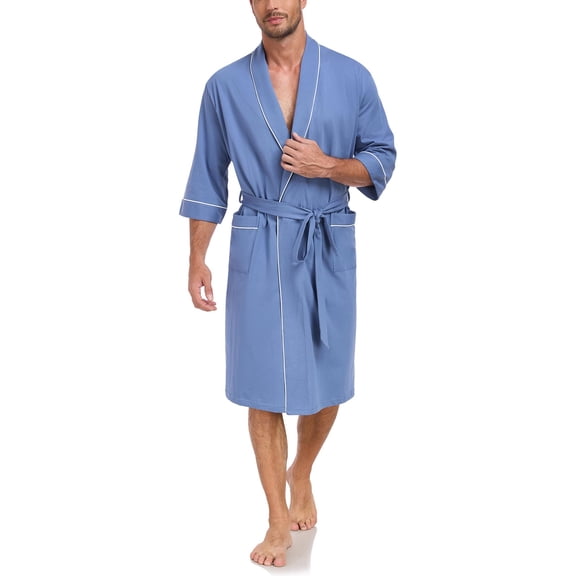 MAYFISH 100% Cotton Mens Lightweight Robe Summer Short Sleeve Bathrobe Soft Knee Length Robe with Pockets (Blue, XL)