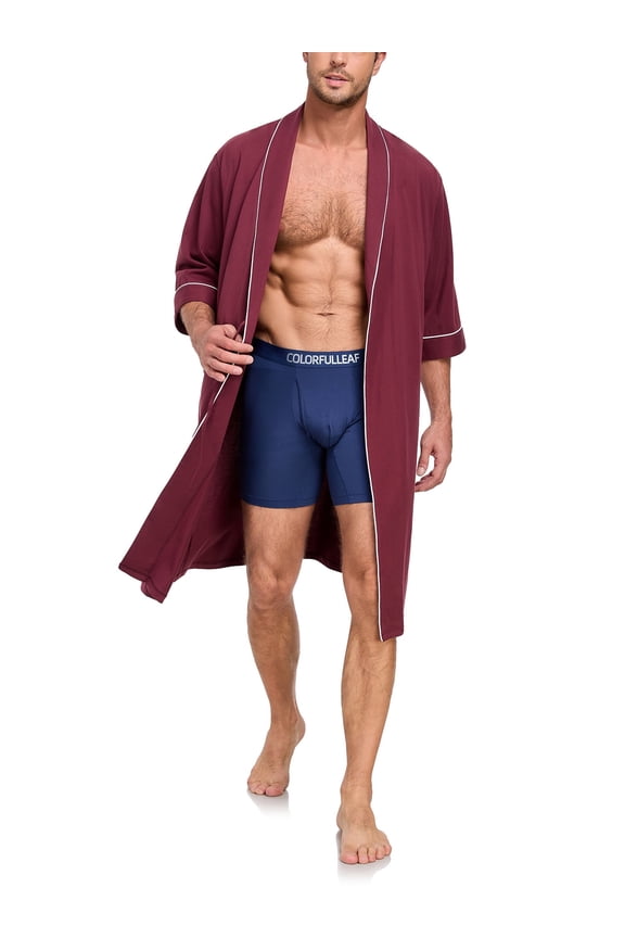 100% Cotton Mens Lightweight Robe Summer Short Sleeve Bathrobe Soft Knee Length Robe with Pockets (Burgundy, L)