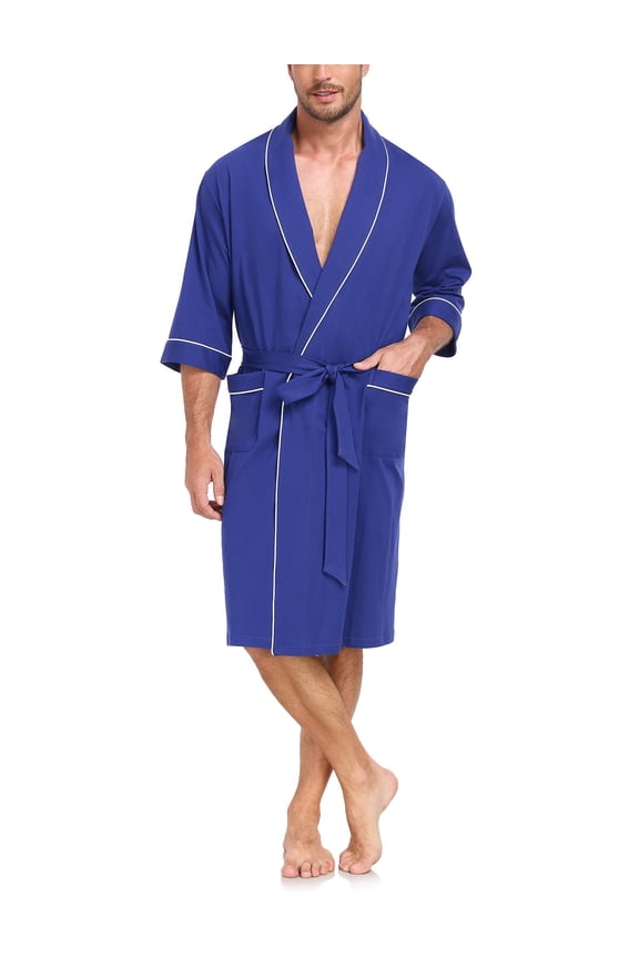 100% Cotton Mens Lightweight Robe Summer Short Sleeve Bathrobe Soft Knee Length Robe with Pockets (Cobalt Blue, M)