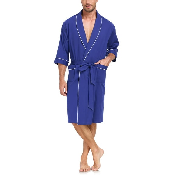 MAYFISH 100% Cotton Mens Lightweight Robe Summer Short Sleeve Bathrobe Soft Knee Length Robe with Pockets (Cobalt Blue, M)
