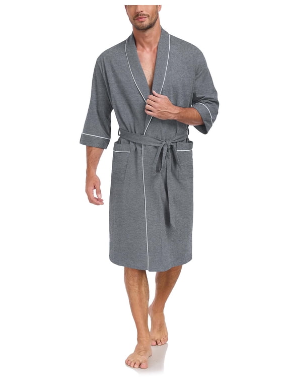 100% Cotton Mens Lightweight Robe Summer Short Sleeve Bathrobe Soft Knee Length Robe with Pockets (Dark Grey, L)