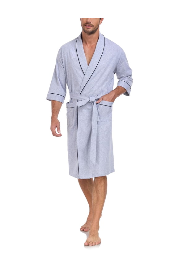 100% Cotton Mens Lightweight Robe Summer Short Sleeve Bathrobe Soft Knee Length Robe with Pockets (Grey, L)