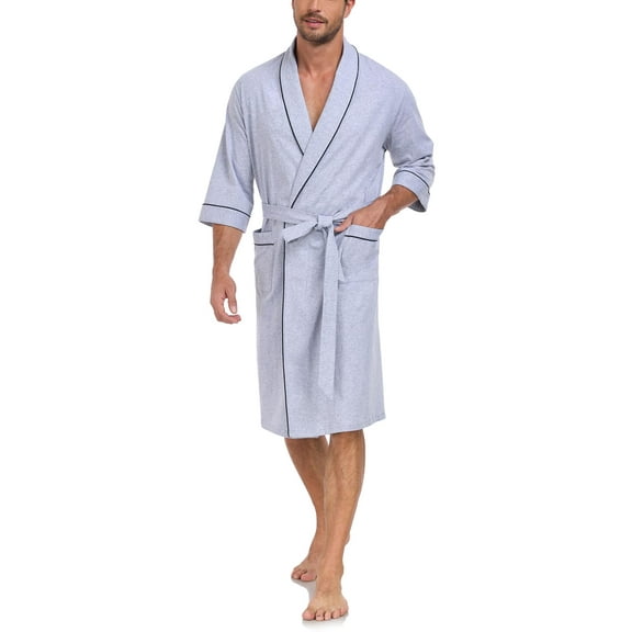 MAYFISH 100% Cotton Mens Lightweight Robe Summer Short Sleeve Bathrobe Soft Knee Length Robe with Pockets (Grey, M)