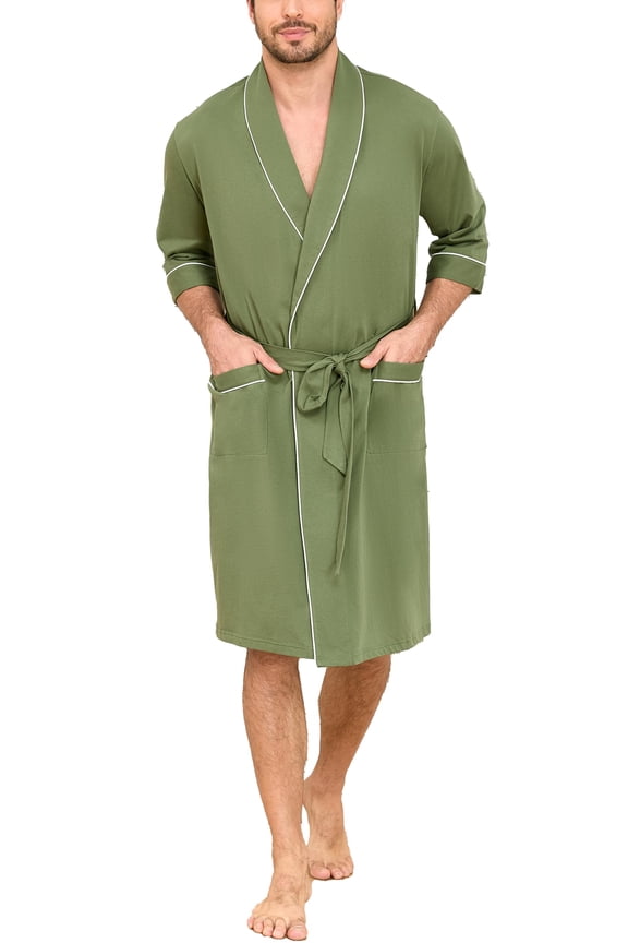 100% Cotton Mens Lightweight Robe Summer Short Sleeve Bathrobe Soft Knee Length Robe with Pockets (Loden Frost, 2XL)