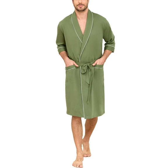 MAYFISH 100% Cotton Mens Lightweight Robe Summer Short Sleeve Bathrobe Soft Knee Length Robe with Pockets (Loden Frost, XL)