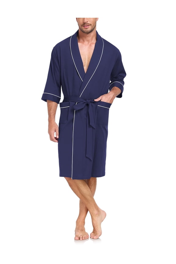 100% Cotton Mens Lightweight Robe Summer Short Sleeve Bathrobe Soft Knee Length Robe with Pockets (Navy Blue, L)