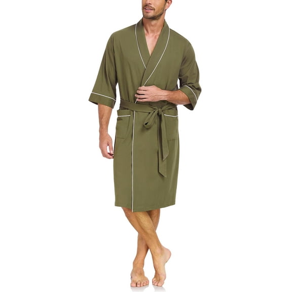 MAYFISH 100% Cotton Mens Lightweight Robe Summer Short Sleeve Bathrobe Soft Knee Length Robe with Pockets (Olive Green, L)