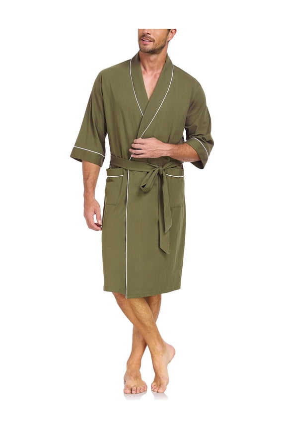 100% Cotton Mens Lightweight Robe Summer Short Sleeve Bathrobe Soft Knee Length Robe with Pockets (Olive Green, M)