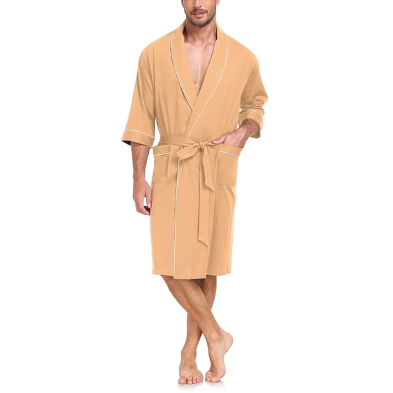 MAYFISH 100% Cotton Mens Lightweight Robe Summer Short Sleeve Bathrobe Soft Knee Length Robe with Pockets (Sandshell, L)