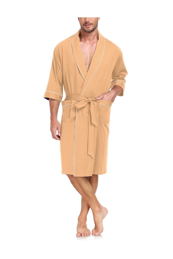 100% Cotton Mens Lightweight Robe Summer Short Sleeve Bathrobe Soft Knee Length Robe with Pockets (Sandshell, M)