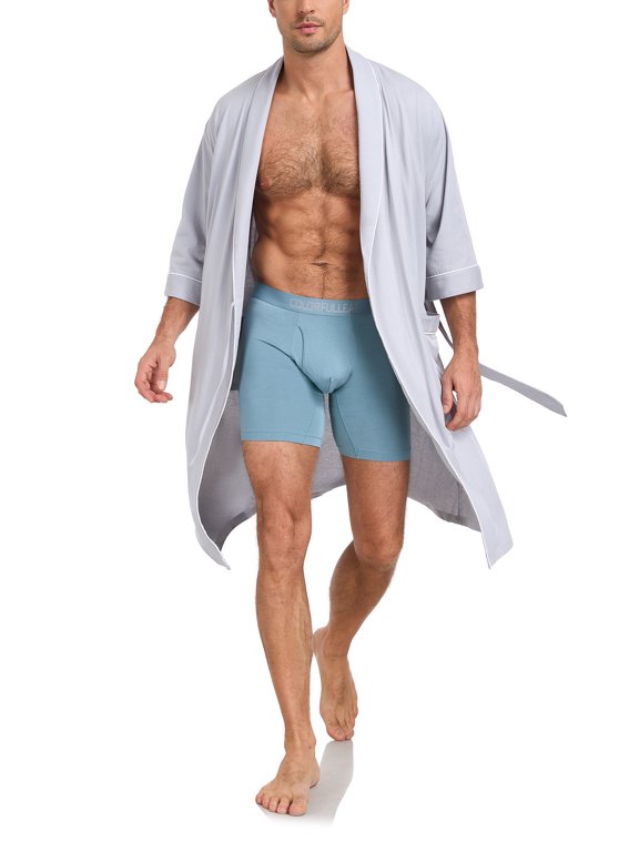 100% Cotton Mens Lightweight Robe Summer Short Sleeve Bathrobe Soft Knee Length Robe with Pockets (Silver White, L)