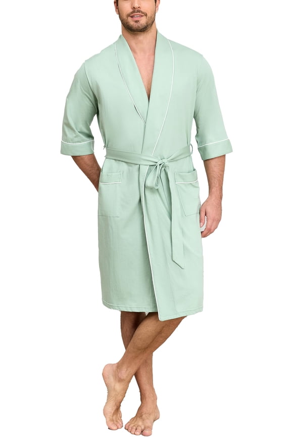 100% Cotton Mens Lightweight Robe Summer Short Sleeve Bathrobe Soft Knee Length Robe with Pockets (Turquoise, L)