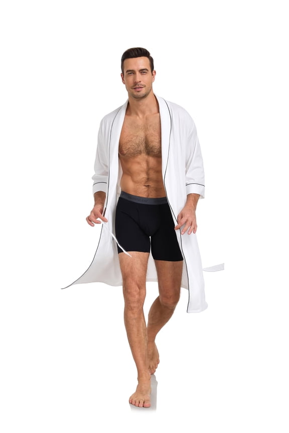100% Cotton Mens Lightweight Robe Summer Short Sleeve Bathrobe Soft Knee Length Robe with Pockets (White, XL)