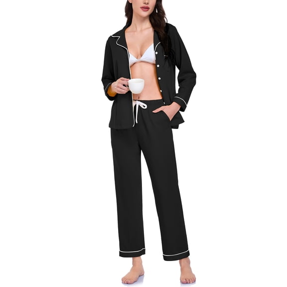 MAYFISH 100% Cotton Pajama Sets for Women Long Sleeve Sleepwear Button Down Pjs Fall 2 Piece Lounge Sets S-XXL(Black, Medium)