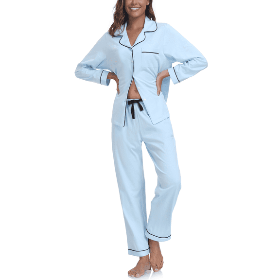 MAYFISH 100% Cotton Pajama Sets for Women Long Sleeve Sleepwear Button Down Pjs Fall 2 Piece Lounge Sets S-XXL(Light Blue, Medium)