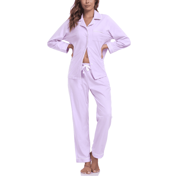 MAYFISH 100% Cotton Pajama Sets for Women Long Sleeve Sleepwear Button Down Pjs Fall 2 Piece Lounge Sets S-XXL(Light Purple, Large)