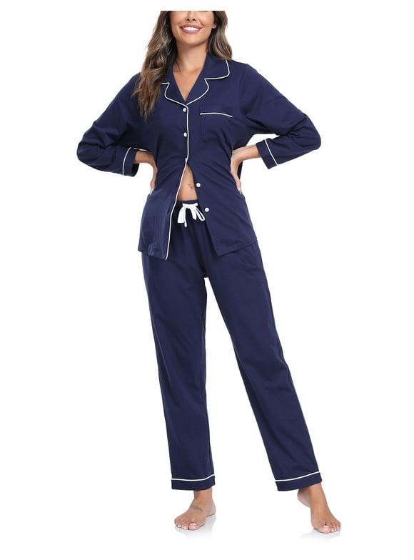 100% Cotton Pajama Sets for Women Long Sleeve Sleepwear Button Down Pjs Fall 2 Piece Lounge Sets S-XXL(Navy Blue, Medium)