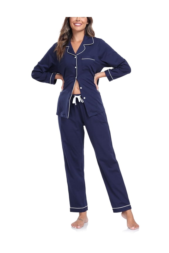100% Cotton Pajama Sets for Women Long Sleeve Sleepwear Button Down Pjs Fall 2 Piece Lounge Sets S-XXL(Navy Blue, Small)