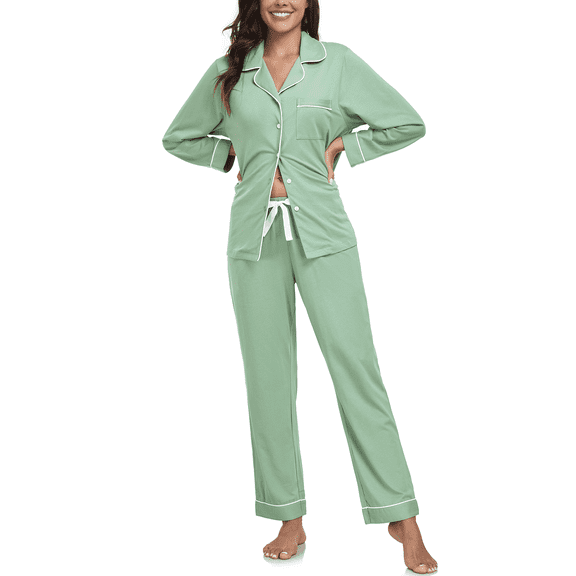 MAYFISH 100% Cotton Pajama Sets for Women Long Sleeve Sleepwear Button Down Pjs Fall 2 Piece Lounge Sets S-XXL(Sage Green, Large)
