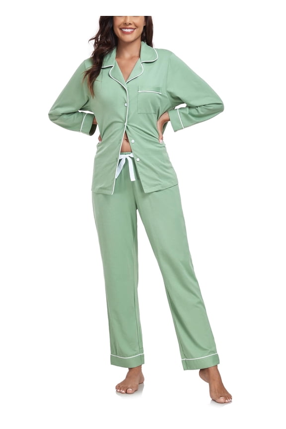 100% Cotton Pajama Sets for Women Long Sleeve Sleepwear Button Down Pjs Fall 2 Piece Lounge Sets S-XXL(Sage Green, Medium)