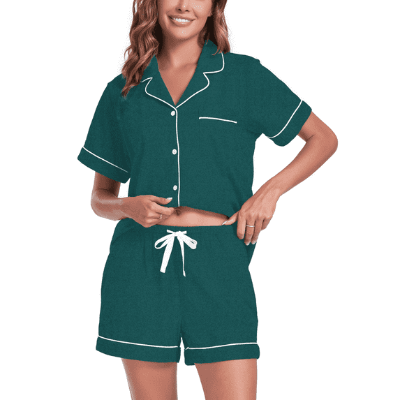MAYFISH 100% Cotton Pajama Sets for Women Short Sleeve Sleepwear Button Down Pjs Summer 2 Piece Lounge Sets S-XXL(Green, Large)