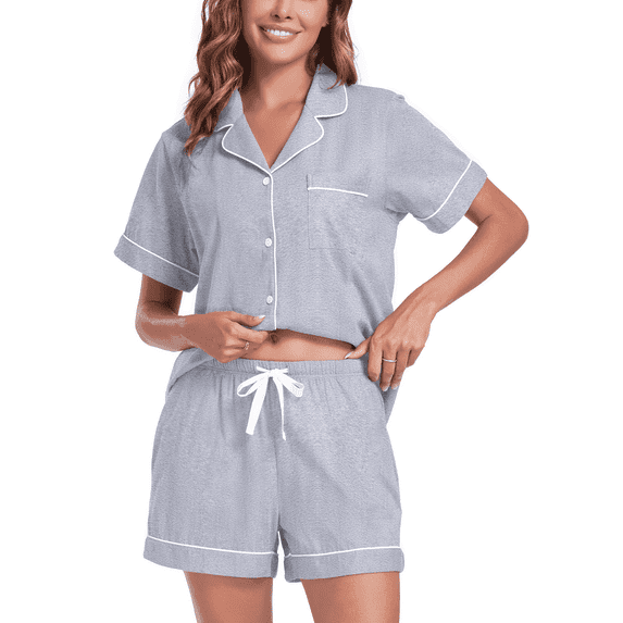 MAYFISH 100% Cotton Pajama Sets for Women Short Sleeve Sleepwear Button Down Pjs Summer 2 Piece Lounge Sets S-XXL(Grey, X-Large)
