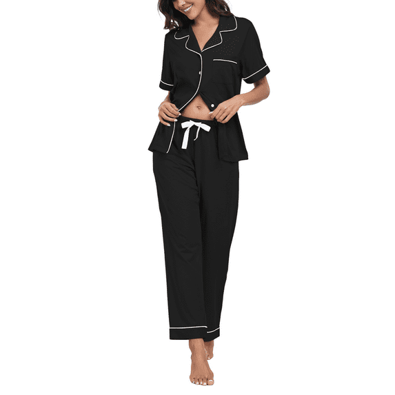 MAYFISH 100% Cotton Women's Pajamas Sets Button Down Sleepwear Short Sleeve with Long Pants Lounge Pj set(Black, M)