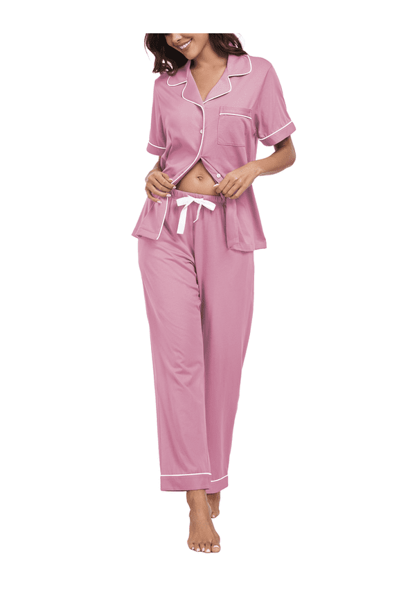 100% Cotton Women's Pajamas Sets Button Down Sleepwear Short Sleeve with Long Pants Lounge Pj set(Dusty Rose,XL)