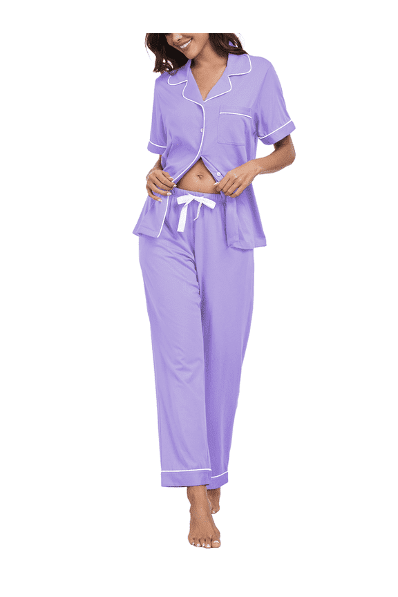 100% Cotton Women's Pajamas Sets Button Down Sleepwear Short Sleeve with Long Pants Lounge Pj set(Lavender,L)