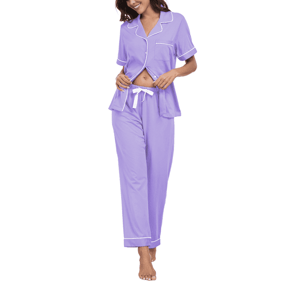 MAYFISH 100% Cotton Women's Pajamas Sets Button Down Sleepwear Short Sleeve with Long Pants Lounge Pj set(Lavender,S)