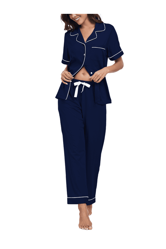 100% Cotton Women's Pajamas Sets Button Down Sleepwear Short Sleeve with Long Pants Lounge Pj set(Navy Blue, M)
