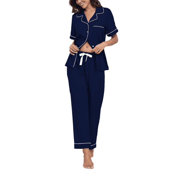 MAYFISH 100% Cotton Women's Pajamas Sets Button Down Sleepwear Short Sleeve with Long Pants Lounge Pj set(Navy Blue, S)