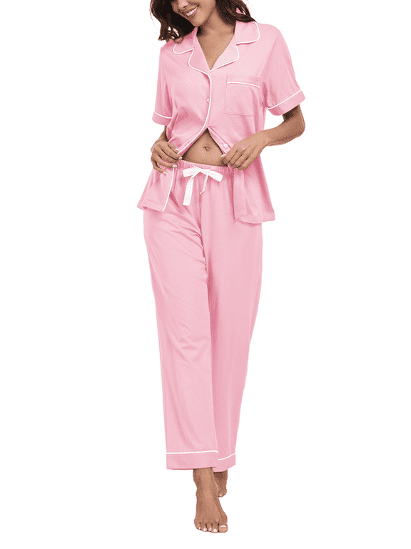 100% Cotton Women's Pajamas Sets Button Down Sleepwear Short Sleeve with Long Pants Lounge Pj set(Pink, M)
