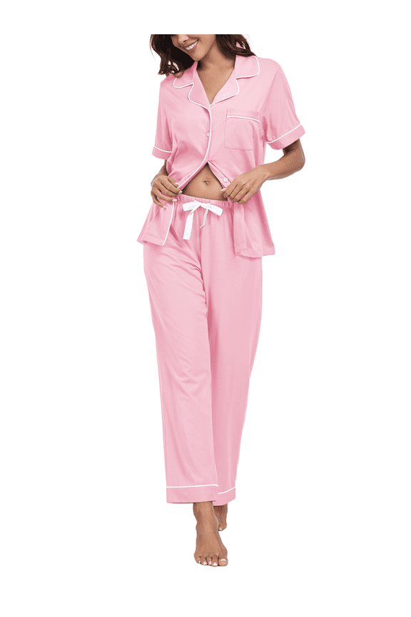 100% Cotton Women's Pajamas Sets Button Down Sleepwear Short Sleeve with Long Pants Lounge Pj set(Pink, XL)