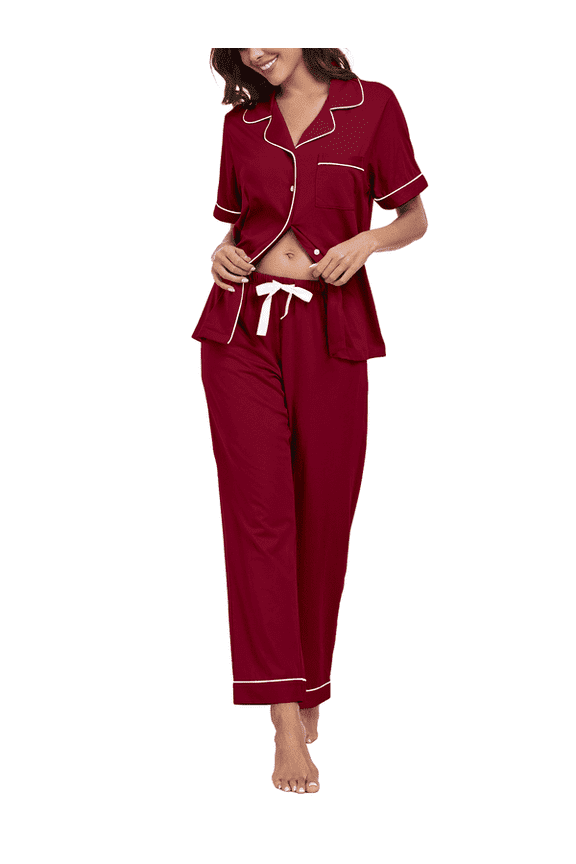 100% Cotton Women's Pajamas Sets Button Down Sleepwear Short Sleeve with Long Pants Lounge Pj set(Wine Red, S)