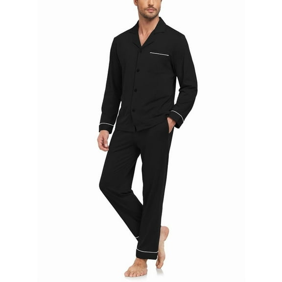MAYFISH Men's 100% Cotton Pajamas Sets Pajamas for Men Long Sleeve Sleepwear Set with Pockets and Button Down S-XL(Black L)